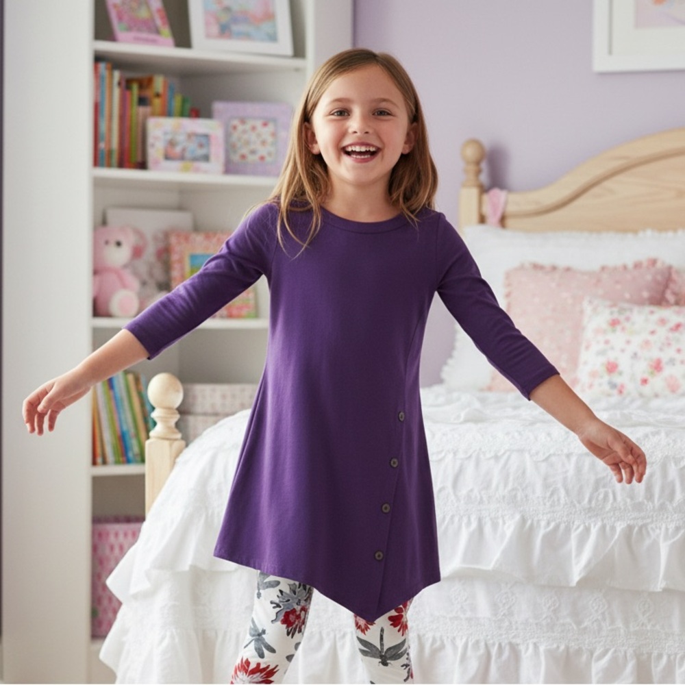 NEW Girls Purple Dress, 3/4 Sleeves Asymmetric Hem, Long Top